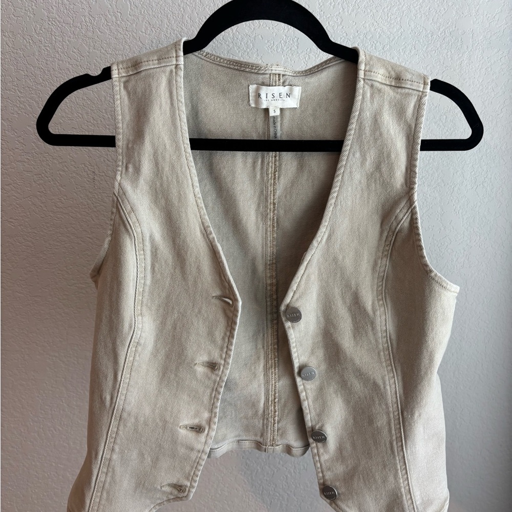 Risen L.A. Button Front Denim Vest Beige Size Small